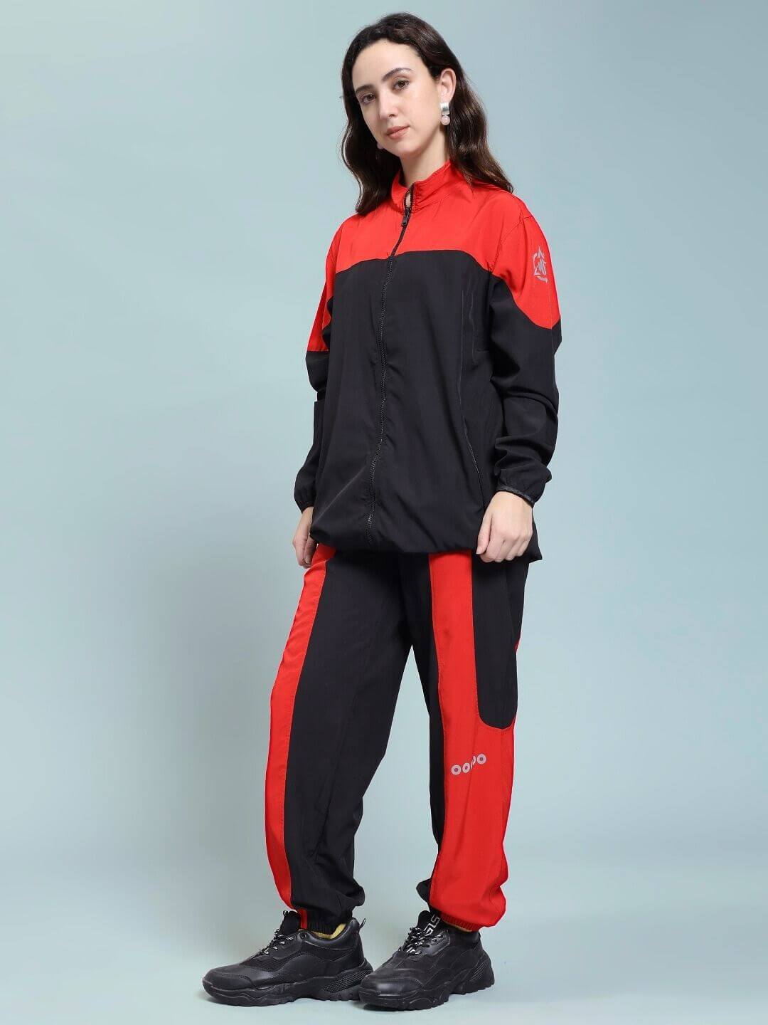 Woman wearing WOMEN POWER BLOCK CO-ORD SET BLACK RED, stylish sporty wear