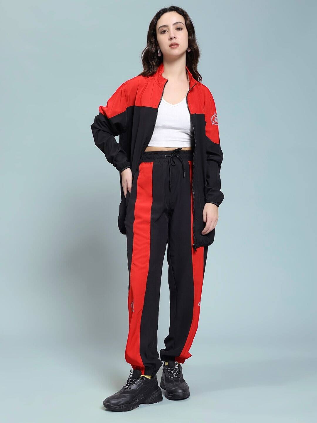 Woman wearing WOMEN POWER BLOCK CO-ORD SET BLACK RED
