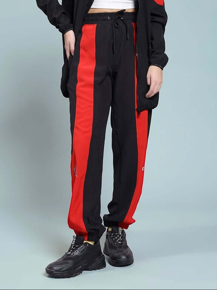 WOMEN POWER BLOCK RELAXED FIT JOGGER BLACK RED - JOGGER