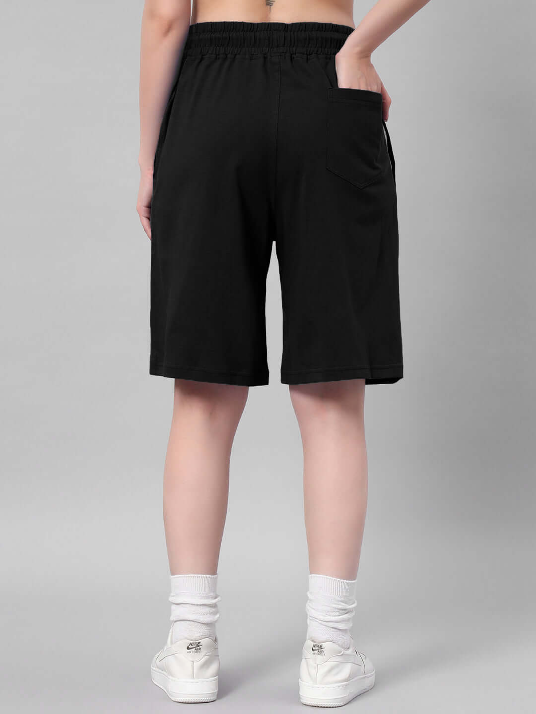 Back view of Women's Quack Off Co-Ord Set Shorts in Black, featuring premium cotton French terry lycra fabric with an elastic waistband.
