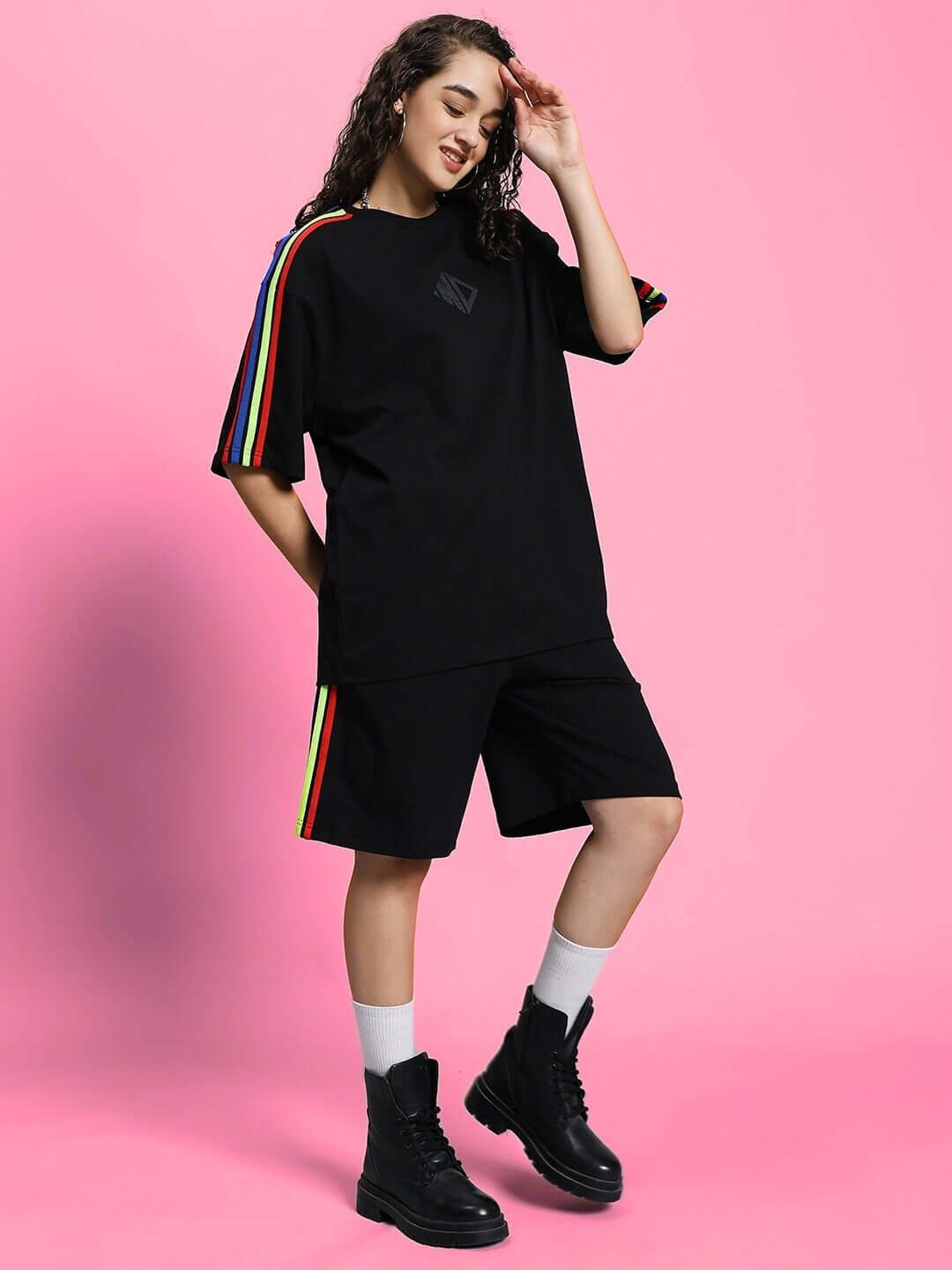 WOMEN'S RAINBOW SUMMER CO-ORD SET BLACK with vibrant rainbow detailing on black fabric, perfect for stylish and comfortable summer wear.