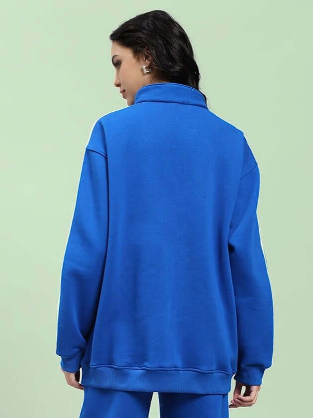 Back view of WOMEN RAPID STRIDE COTTON FLEECE JACKET ROYAL BLUE showcasing sleek, structured design and vibrant color.