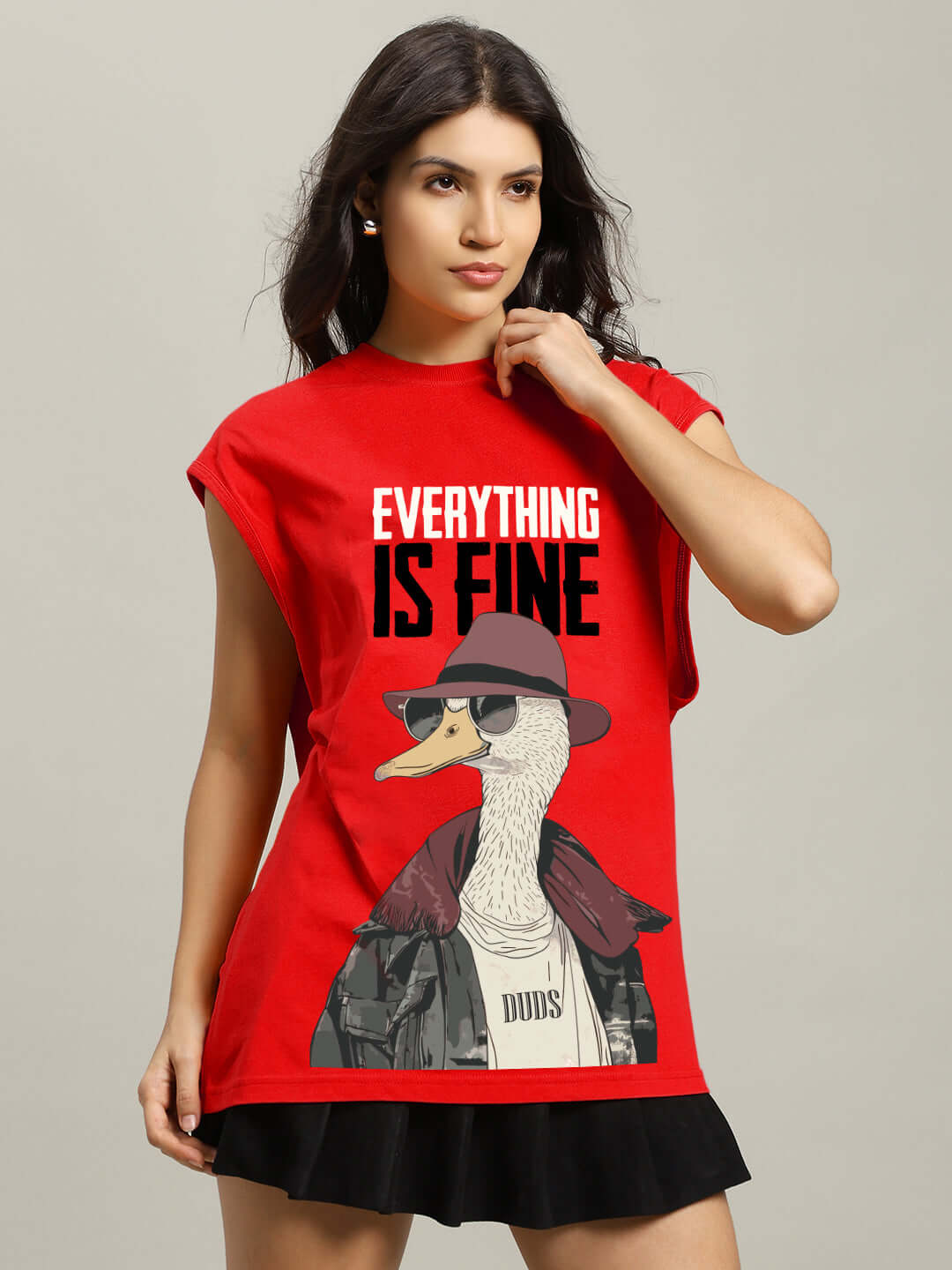 Woman wearing red gym t-shirt with 'Everything Is Fine' design and duck graphic, promoting customization options.