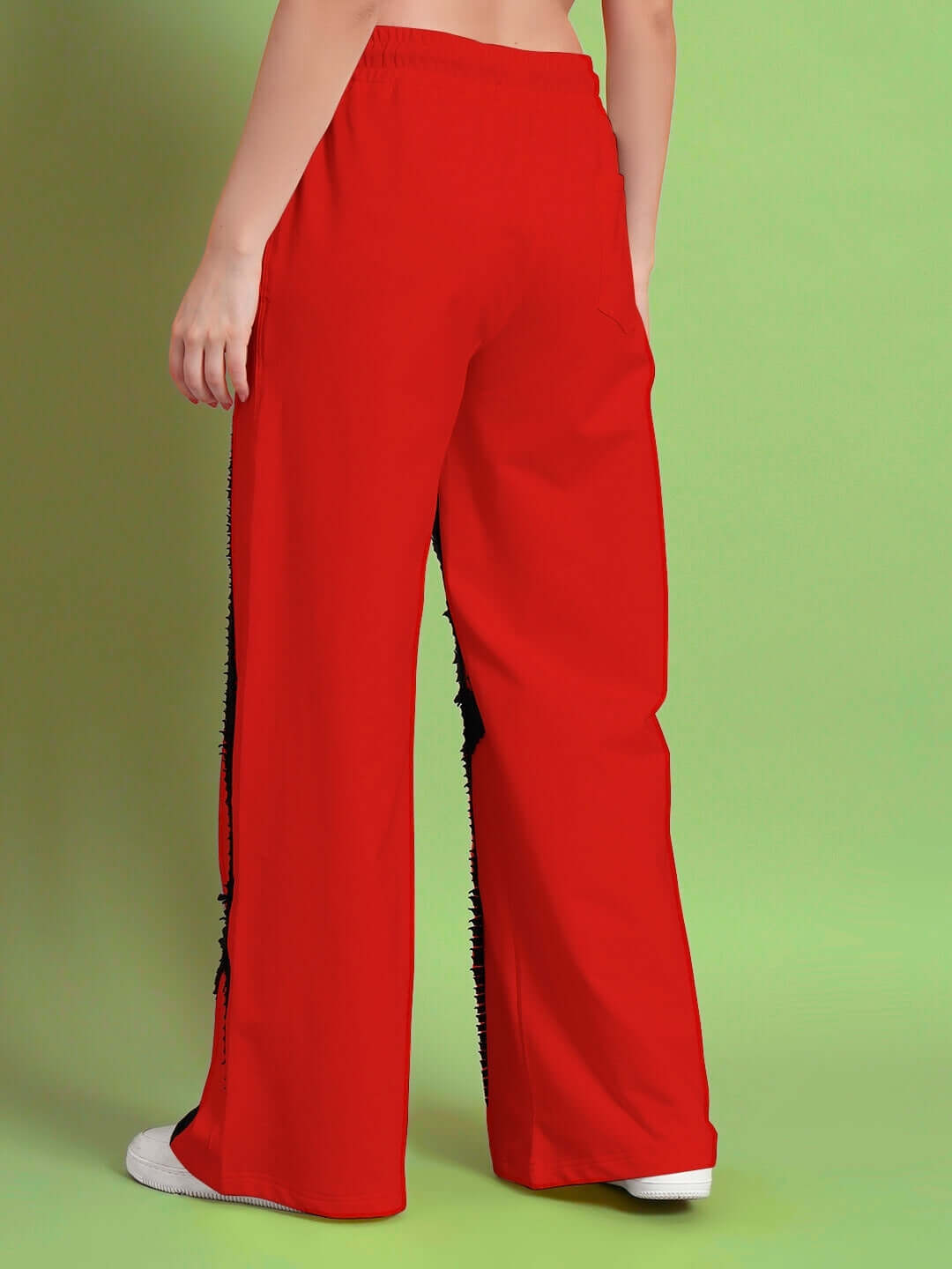 Back view of women's red frayed textured stripes jogger, made-to-order by DUDS, featuring personalized fit and custom options.