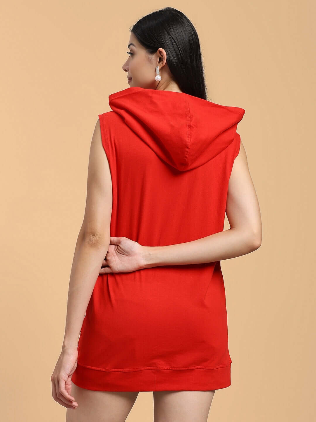 Back view of a red women's gym hooded T-shirt showcasing a sleeveless design, ideal for active wear and offering a customizable fit.