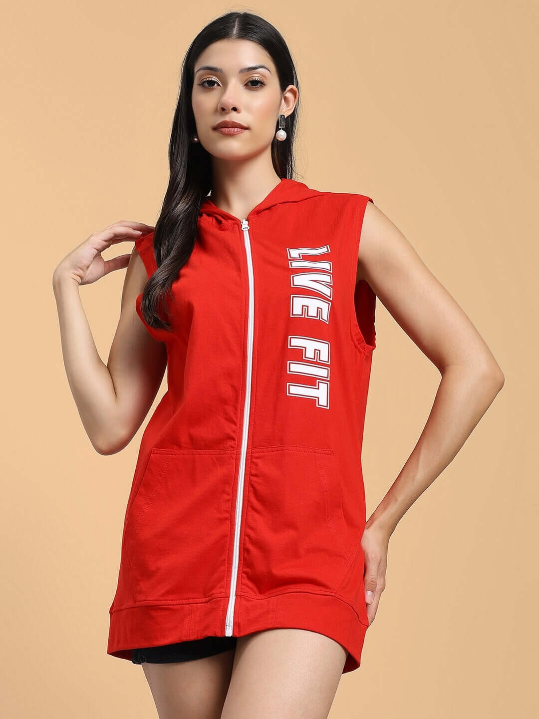 Red women's hooded t-shirt with 'Live Fit' text, ideal for gym wear, customizable sizing available.
