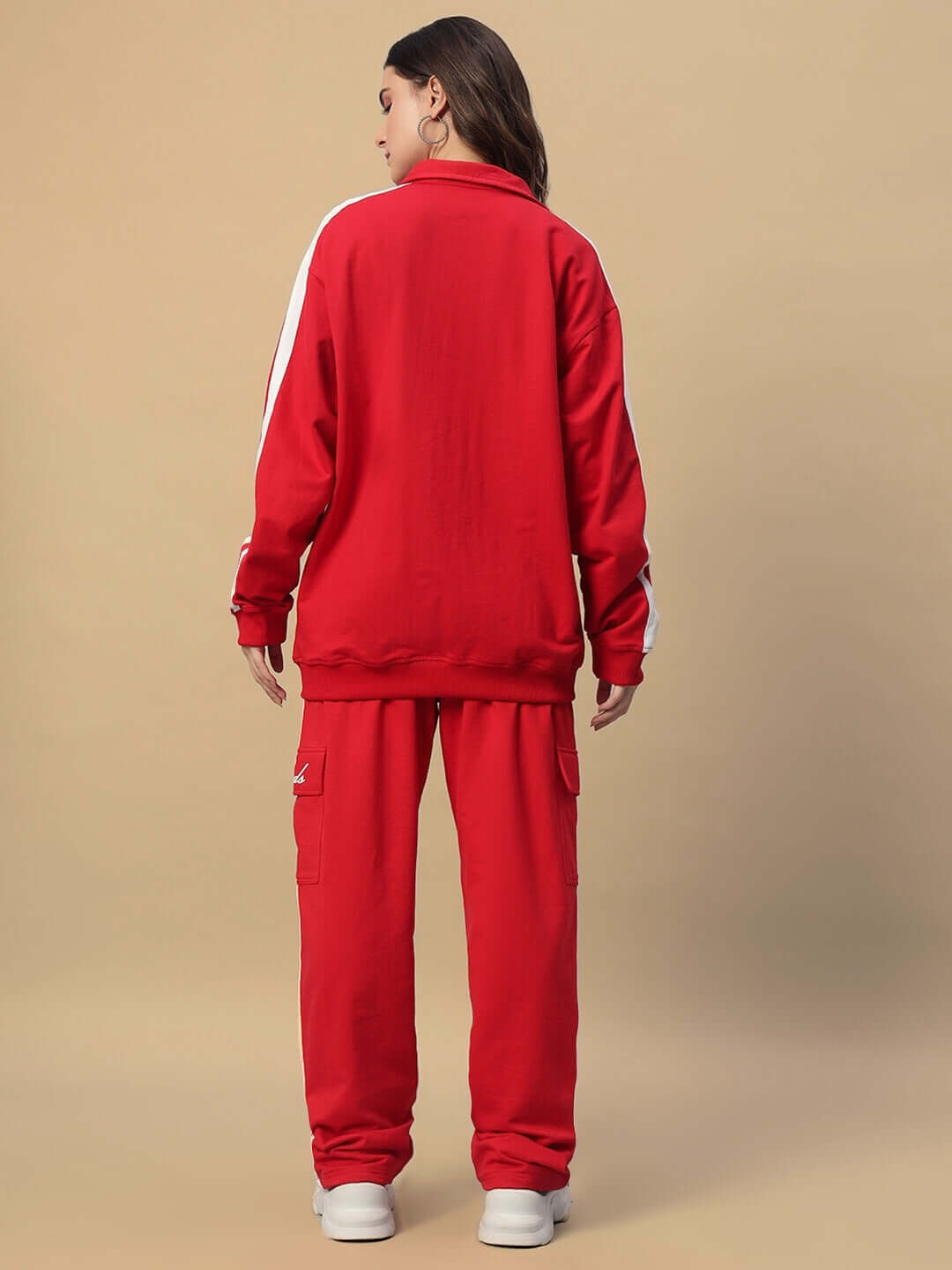 Back view of a woman wearing red women's Scotia co-ord set made of cotton terry fabric, showcasing premium casual fashion.
