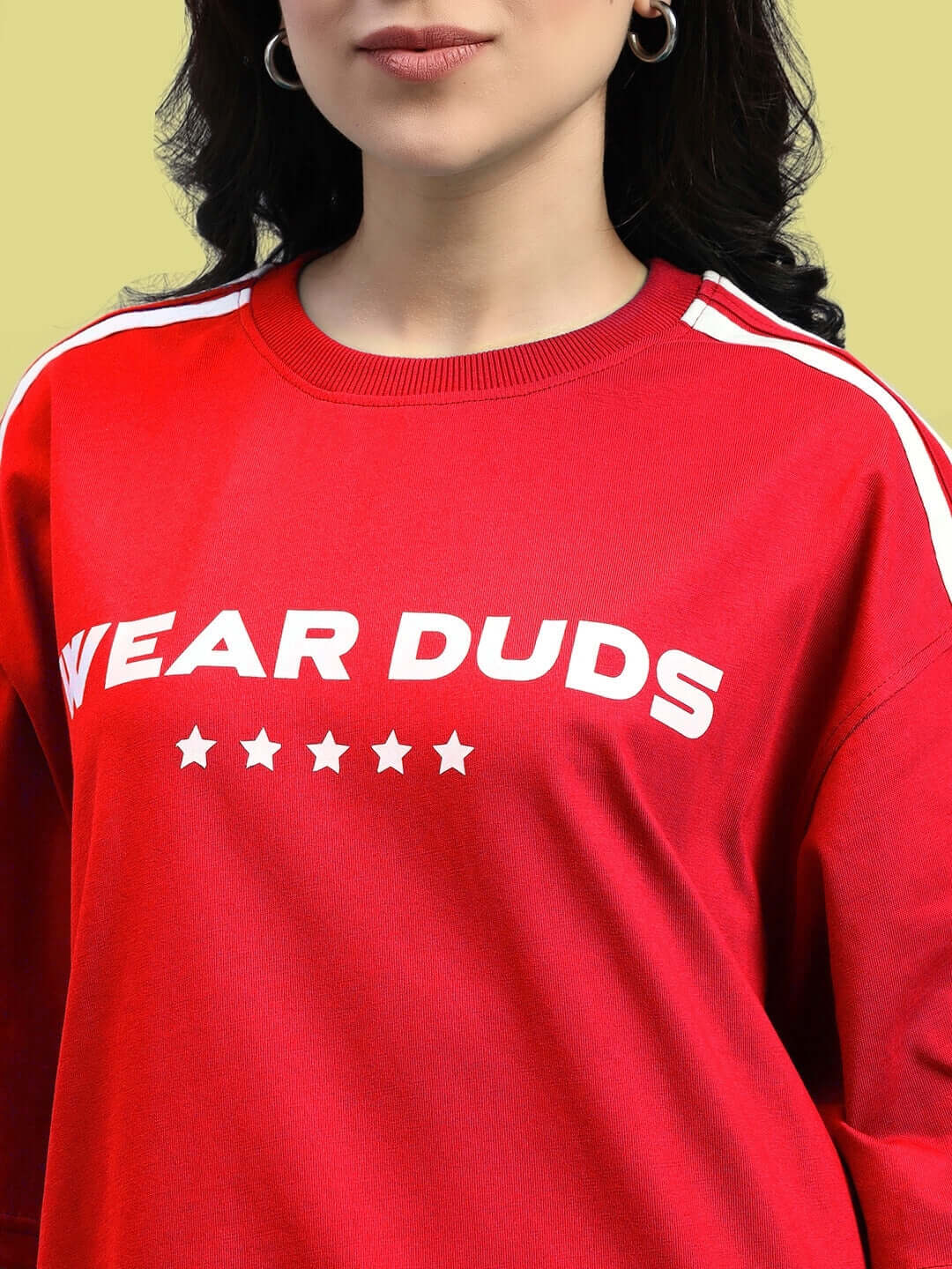Women's oversized red star jumper T-shirt made of premium cotton with 'Wear Duds' text design.