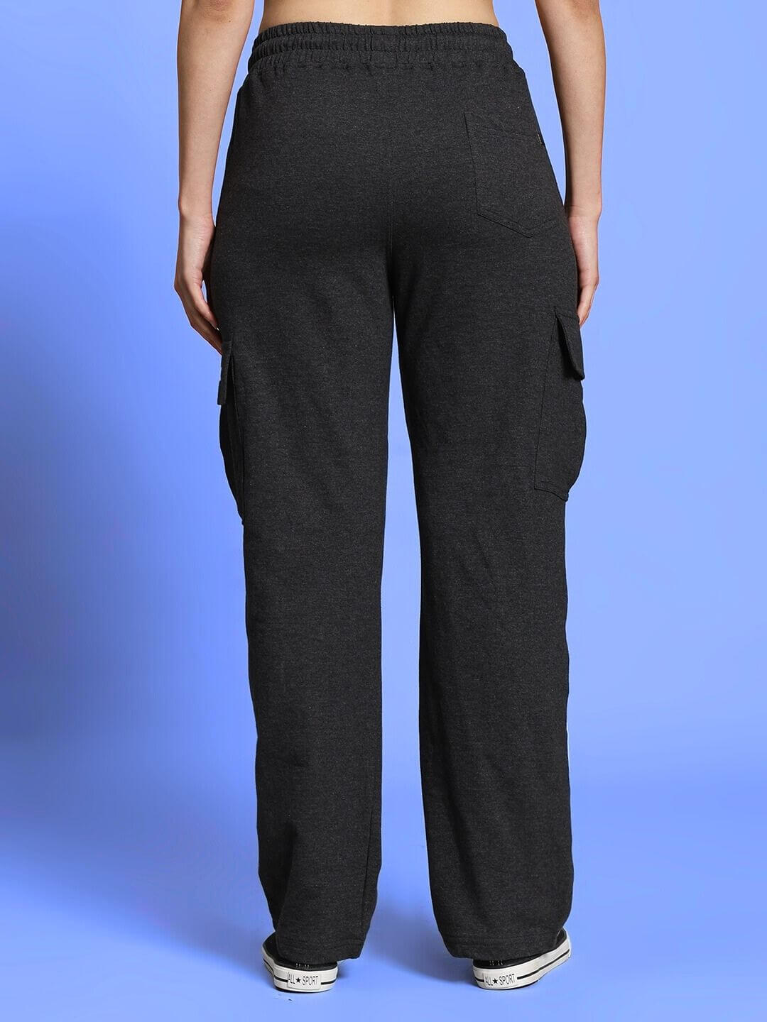 Back view of women's black relaxed fit joggers with pockets, made-to-order by DUDS.