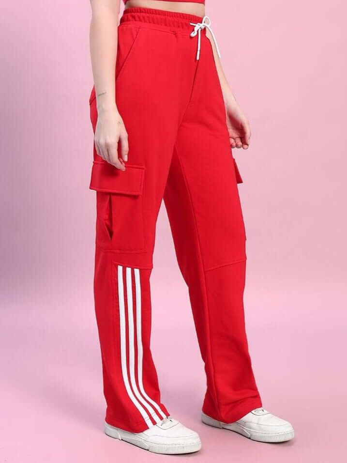 Women's Redroit 5 Pocket Relaxed Fit Joggers in Red, featuring side pockets and sporty white stripes.
