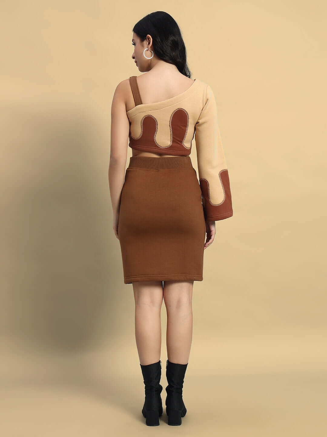 Back view of model wearing WOMEN'S RETRO CO-ORD SET BEIGE BROWN with unique design.