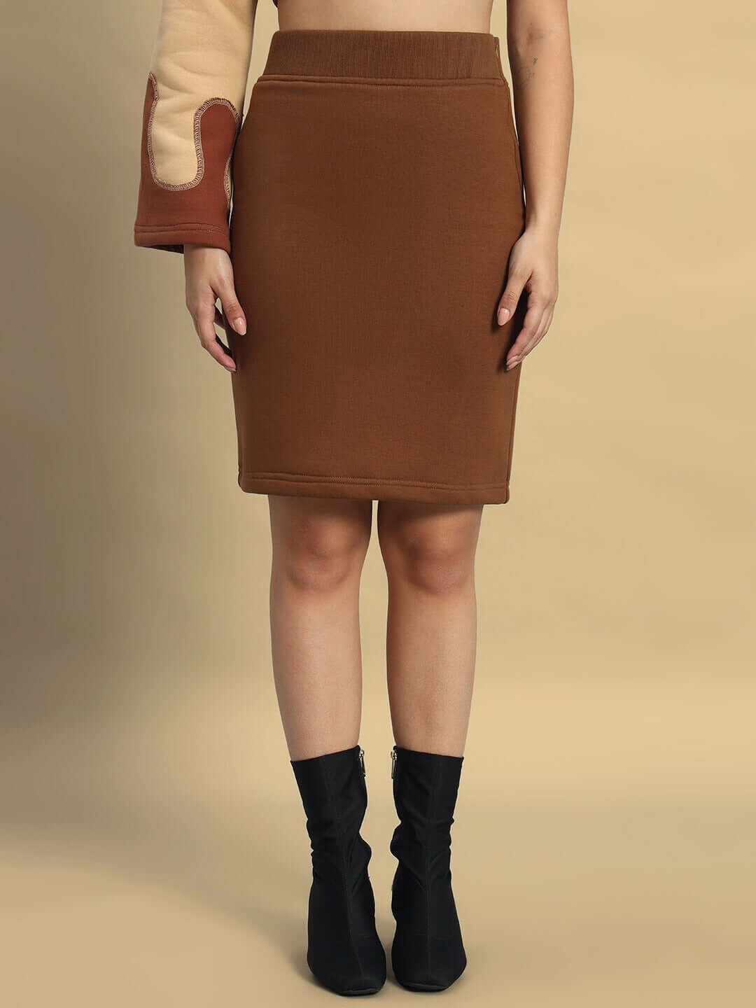 WOMEN'S RETRO CO-ORD SET BEIGE BROWN featuring knee-length skirt and premium heavy gauge fabric.