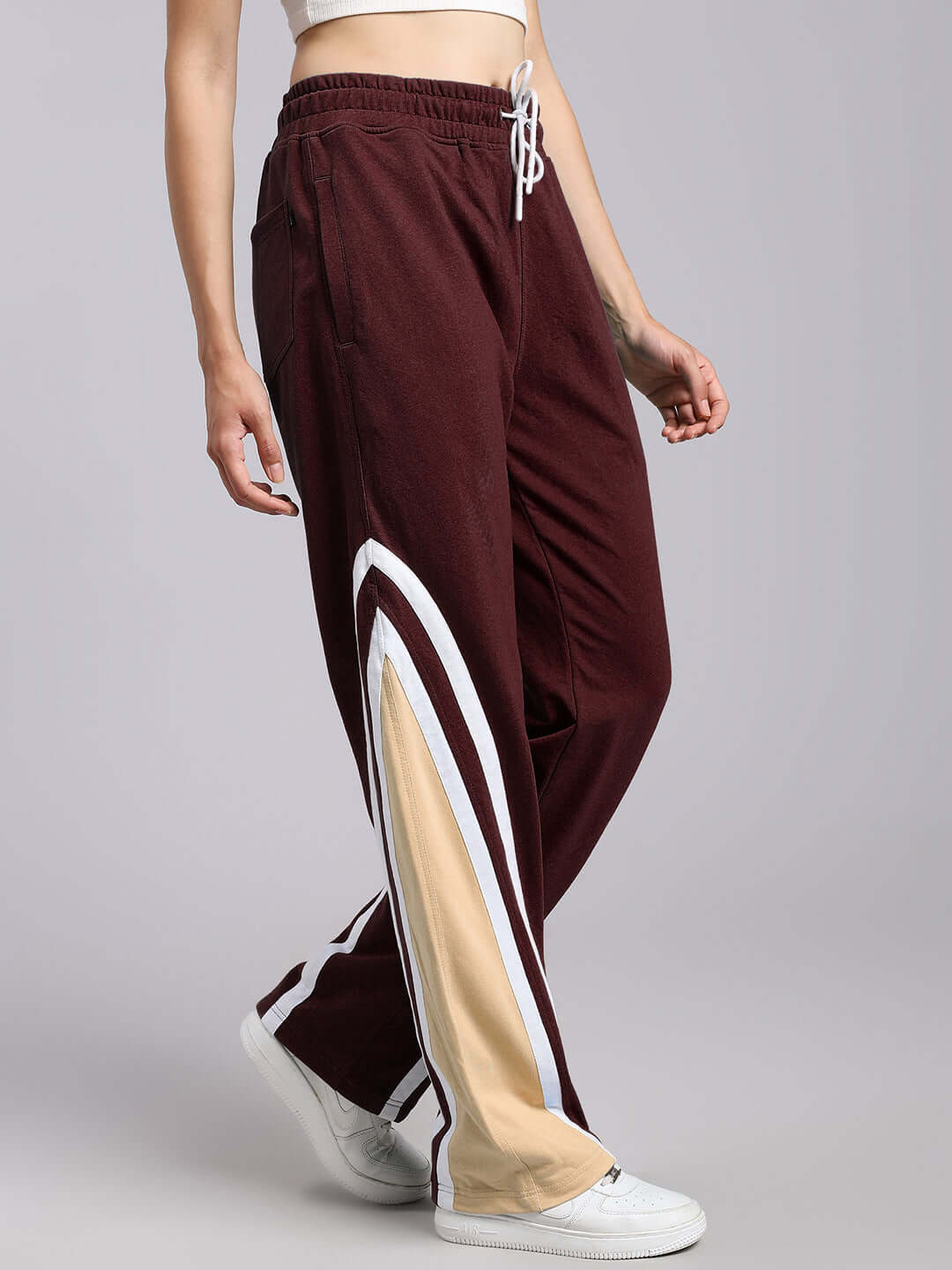 Women's Rio One Relaxed Fit Joggers in maroon with side stripe, customizable for custom fit, made by experienced tailors, available at DUDS.