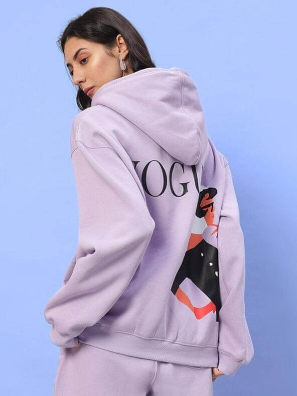 Stylish WOMEN RITZY FLEECE HOODIE LILAC with graphic design, side view