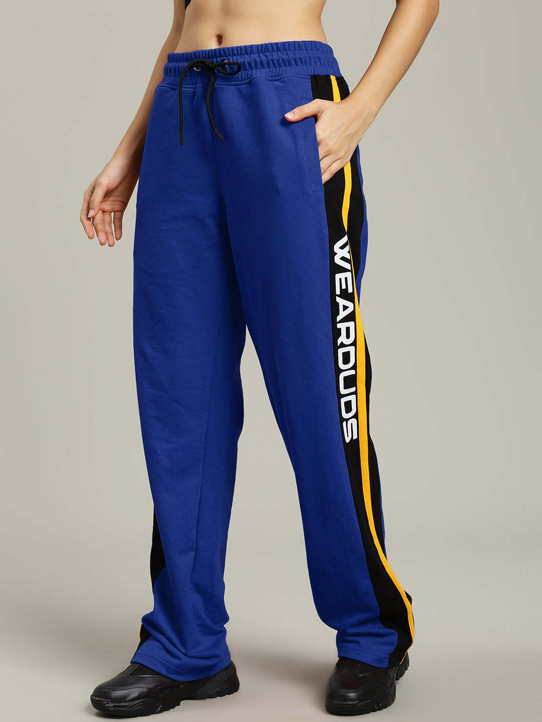 WOMENS ROGER RELAXED-FIT JOGGERS BLUE showcasing side stripe detail and comfortable fit.