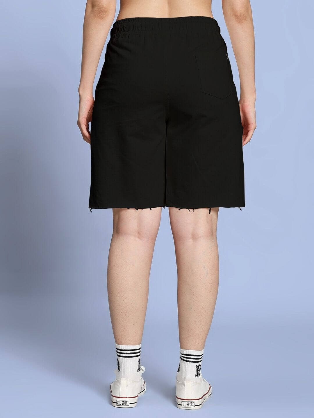 Back view of WOMEN ROSE CHARM RELAXED FIT SHORTS BLACK, showcasing relaxed silhouette and premium fabric.