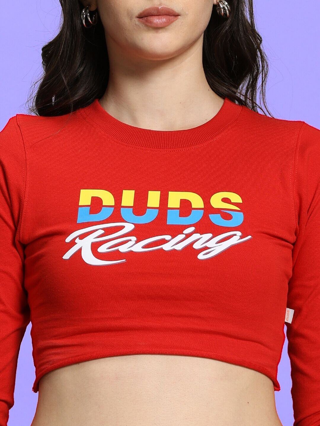 Red cropped top with bold 'Duds Racing' print, featuring a relaxed fit, vibrant colors, and comfortable cotton blend fabric.