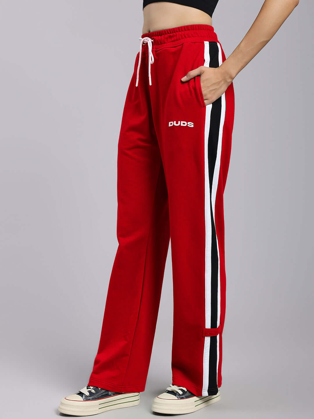 Women's Rosston Relaxed Fit Joggers in Red with side stripes, made by DUDS, featuring a drawstring waist and comfortable fit.