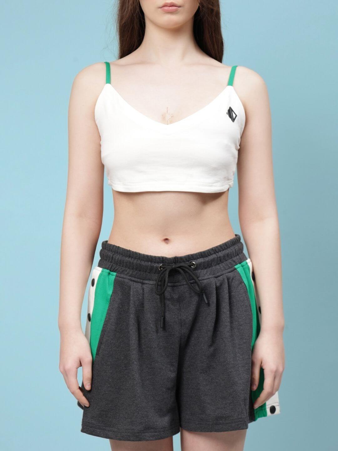 Woman wearing WOMEN'S SAMMIE CO-ORD SET OFF WHITE-DARK GREY with modern design and stylish color combination.