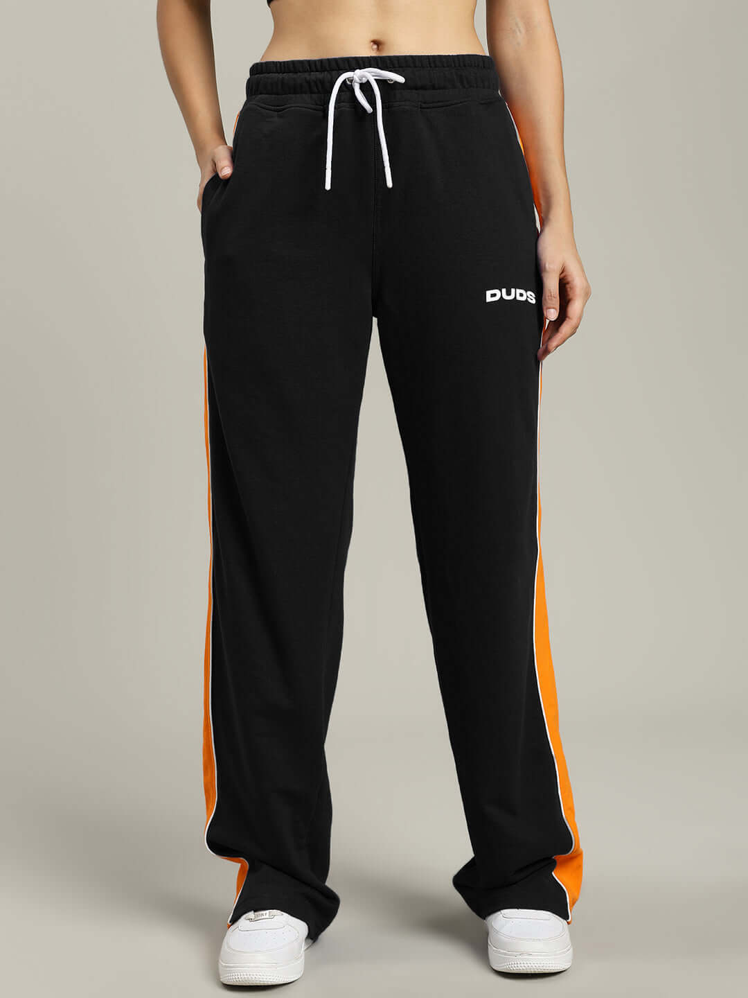 WOMENS SANFORD STRIPE JOGGERS BLACK featuring sleek side stripes, relaxed fit, and soft fabric for a stylish and comfortable look.