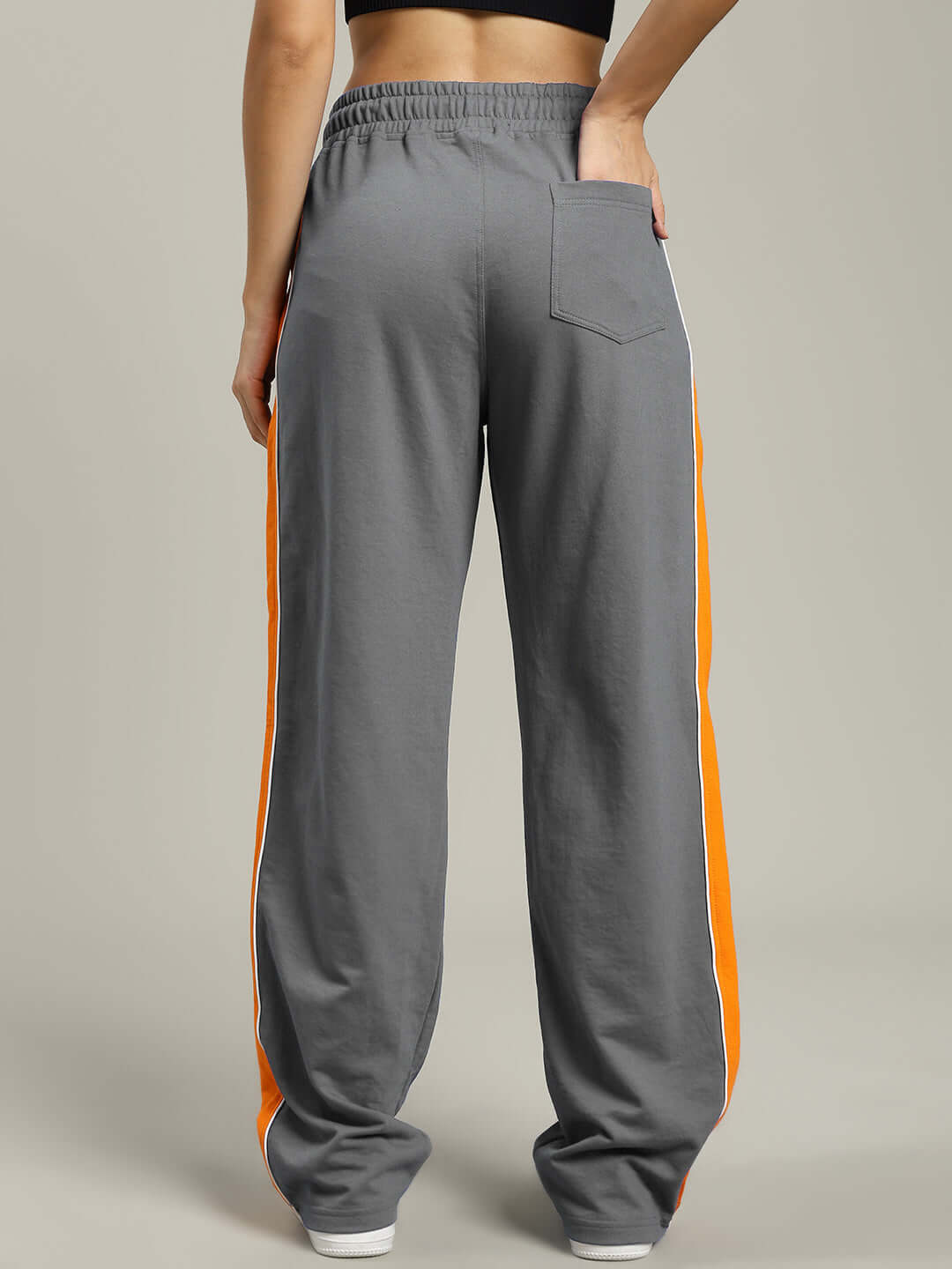 Back view of WOMENS SANFORD STRIPE JOGGERS GREY showcasing sleek side stripes for a chic and sporty look.