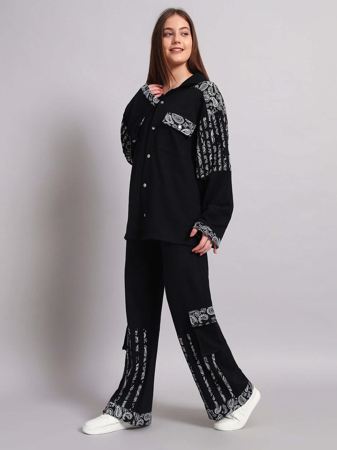 Women's Sanganeri black co-ord set made from 100% cotton terry fabric, featuring intricate patterns, perfect for modern style.