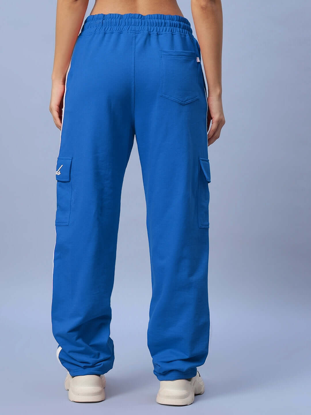 Back view of Women's Scotia Stripe Joggers in royal blue with cargo pockets.