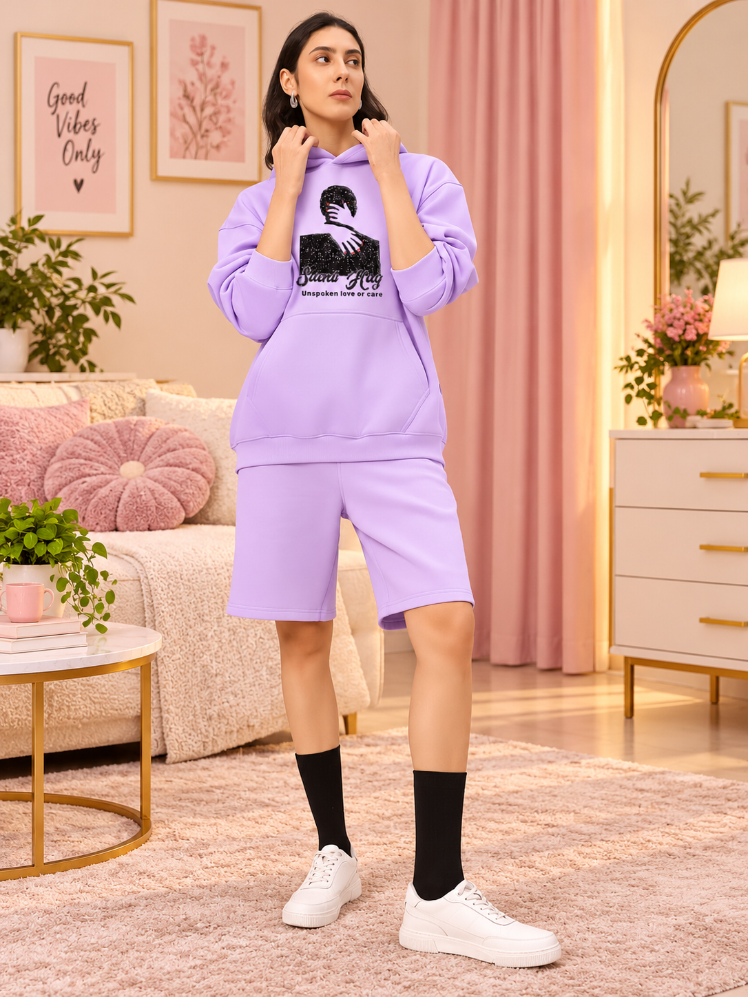 WOMENS SILENT HUG PRINTED FLEECE HOODIE LILAC