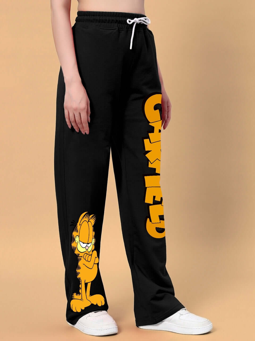 Women's Smug Garfield Relaxed Fit Jogger in Black featuring Garfield graphic, made by DUDS, customizable sizes available.