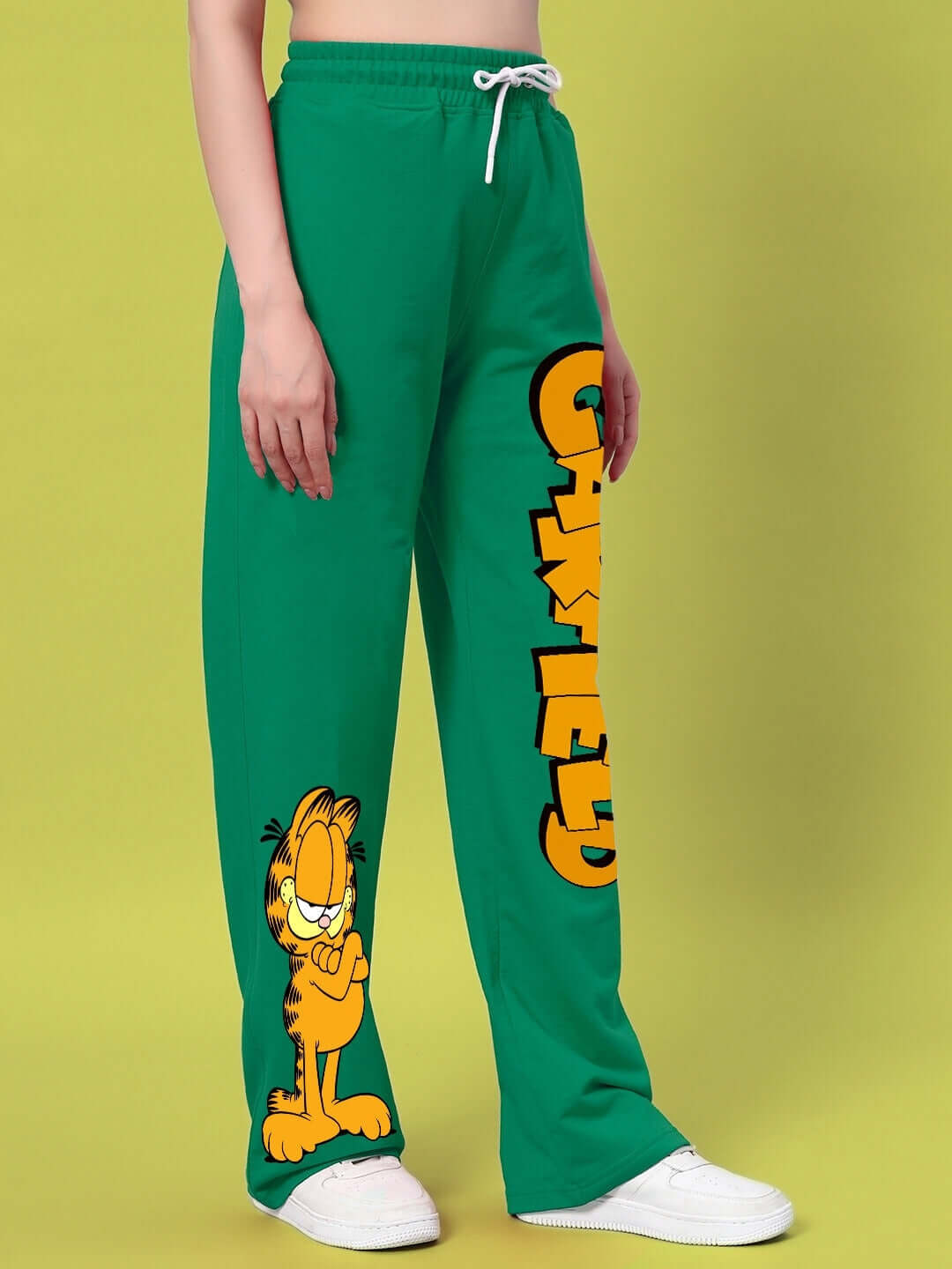 WOMEN'S SMUG GARFIELD RELAXED FIT JOGGER GREEN featuring Garfield print on green fabric for casual comfort and style.