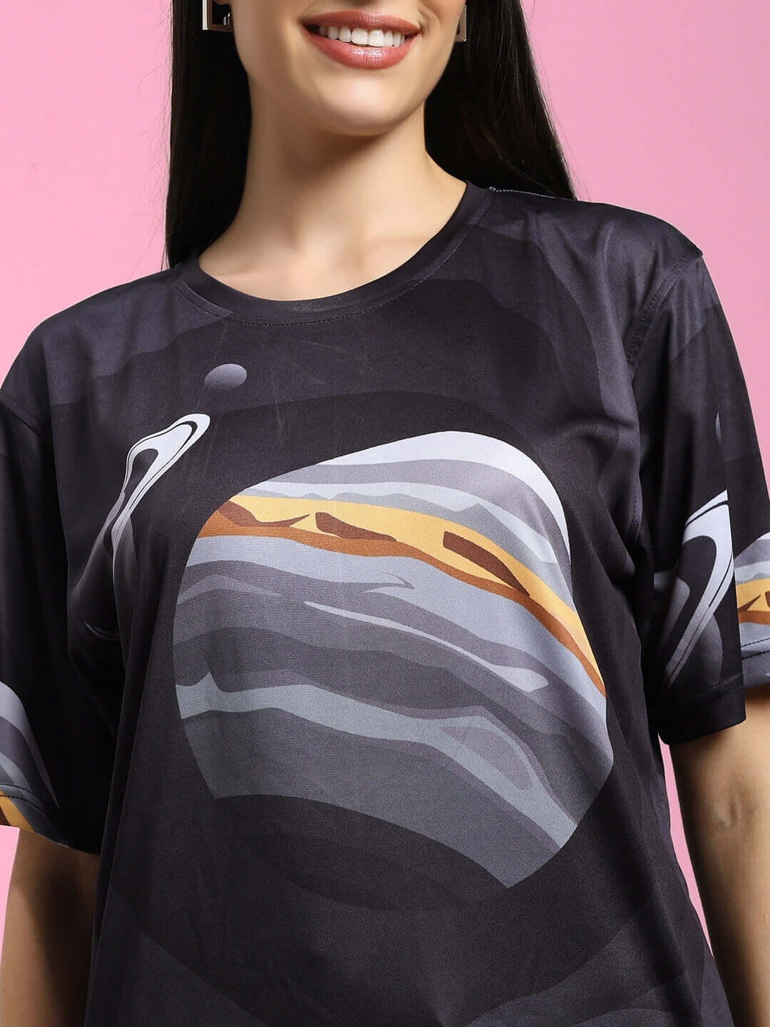 Women's space fantasy black t-shirt, featuring cosmic prints on sports polyester. Ideal for casual wear. Cold machine wash.