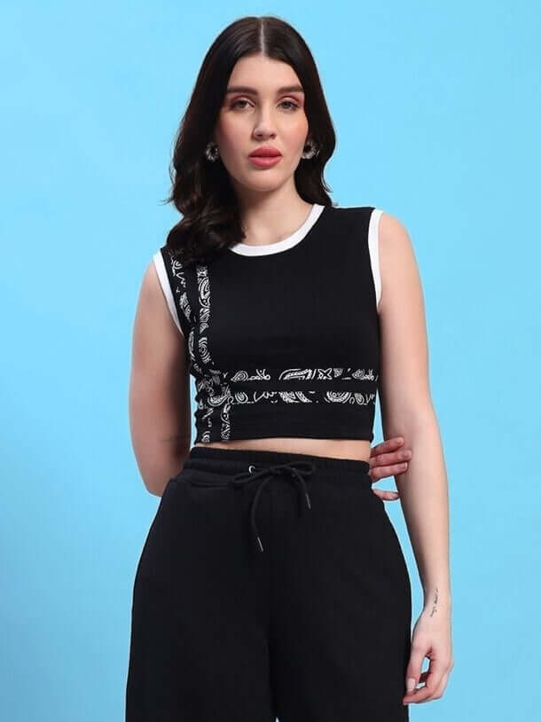 Women's black Squaro designer crop-top made of premium heavy gauge fabric, blending French Terry Lycra and elastane.