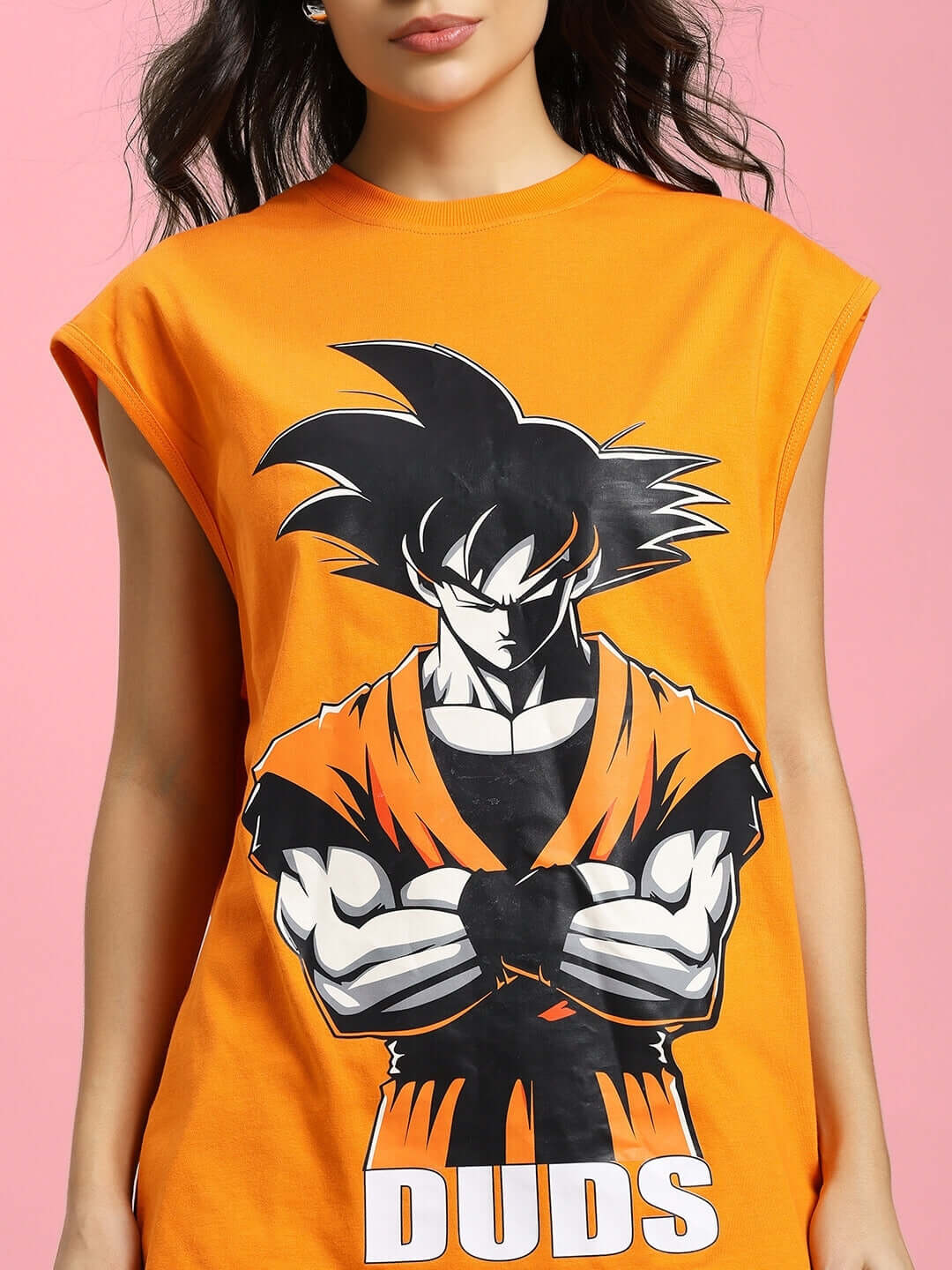 Orange women's T-shirt featuring a Super Saiyan graphic, perfect for gym workouts, offered with custom fit option from DUDS.