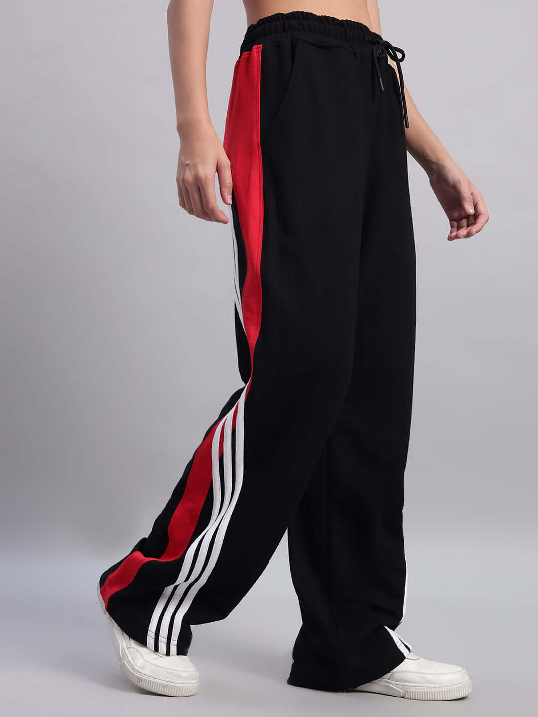 WOMEN'S TANGLE RELAXED-FIT JOGGERS in black and red color, featuring comfortable fit and stylish striped design.