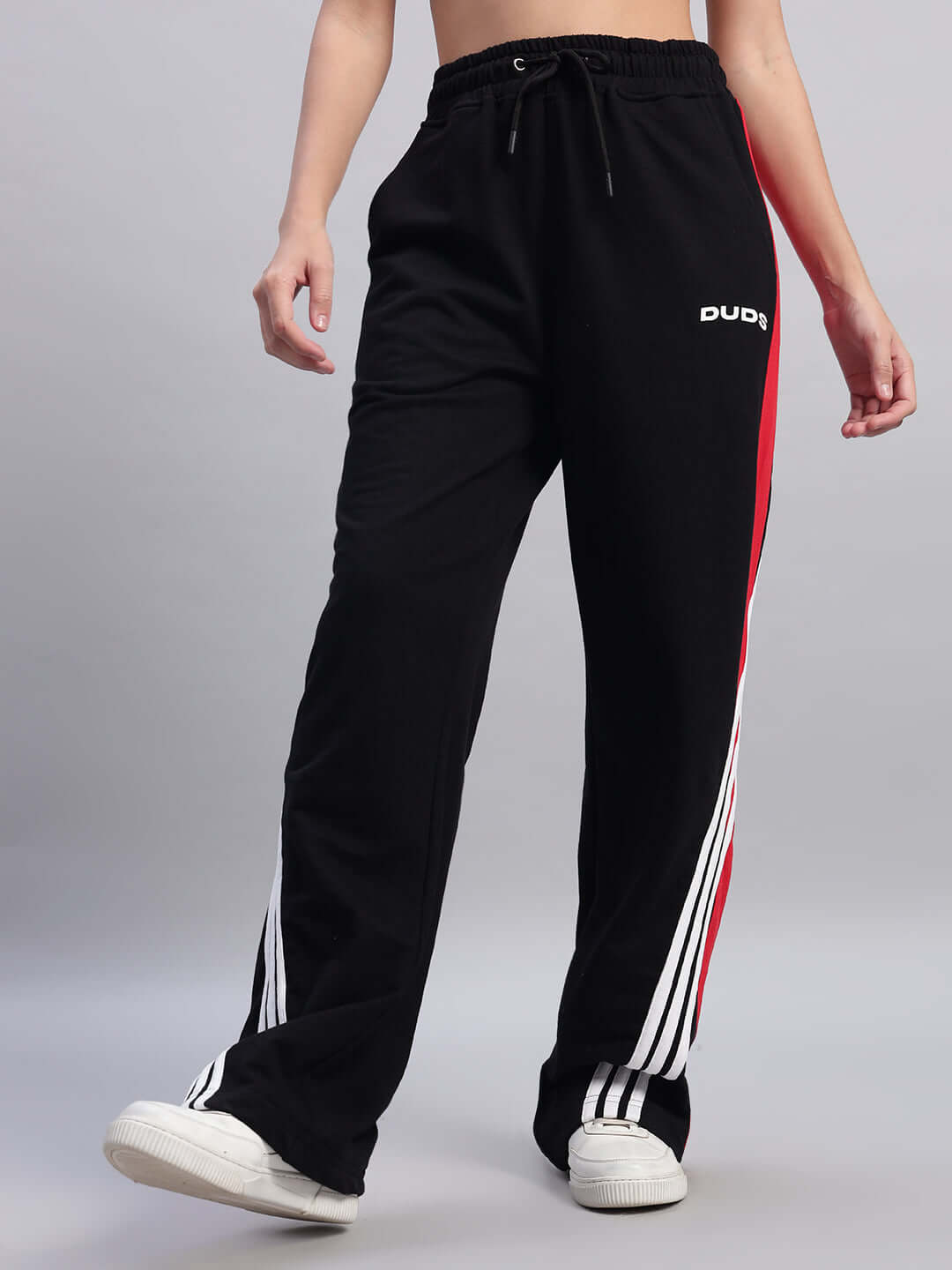 Women's Tangle Relaxed-Fit Joggers in Black-Red with Stripe Design by DUDS.