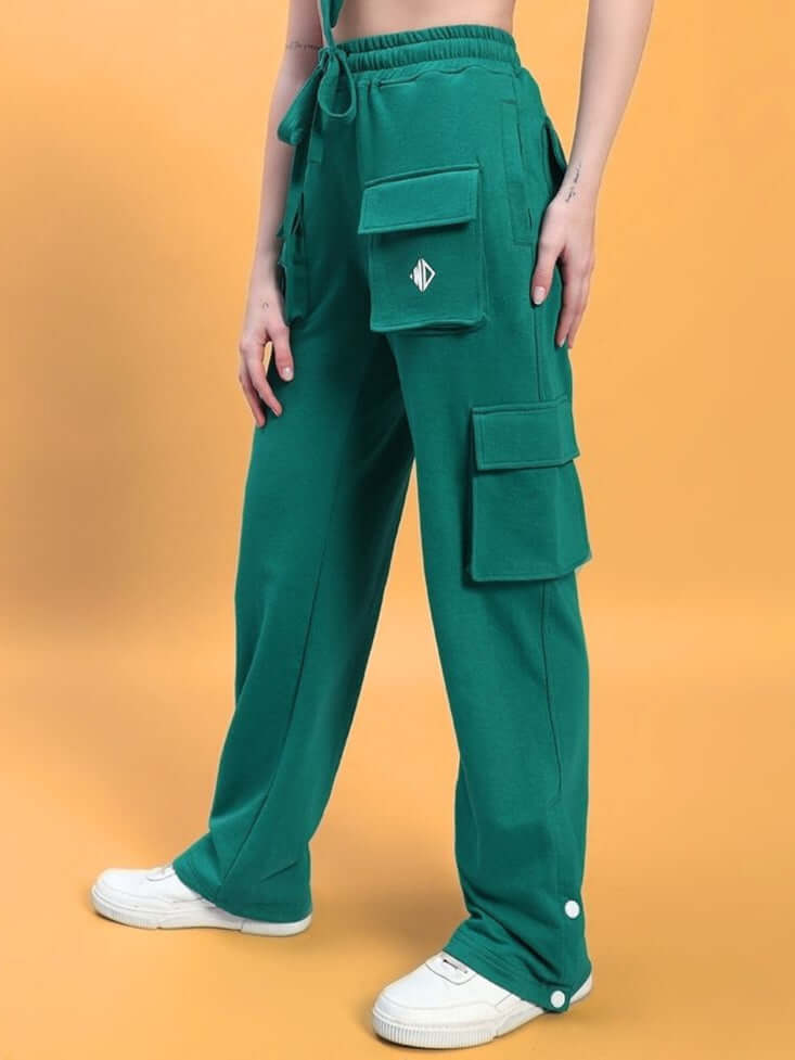 Model wearing teal green women's cargo pants with 8 pockets, tailored for comfort and style. Ideal for custom fits and made-to-order.