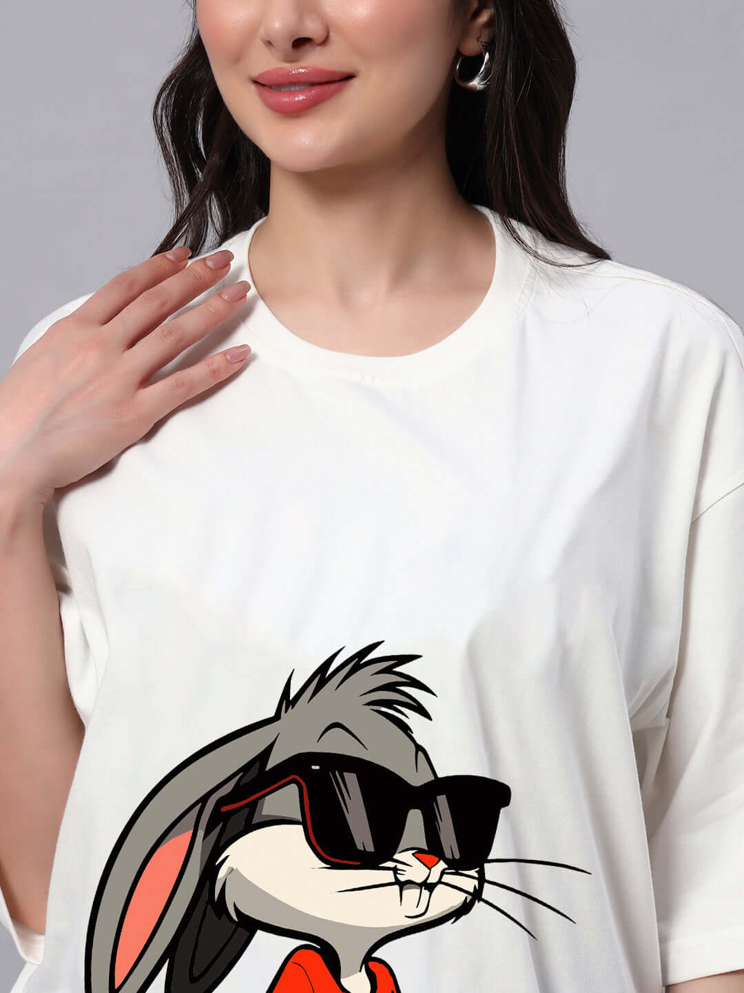 Woman wearing Women's Think Big Bunny Toons Co-Ord Set in off white, featuring a cartoon character, made from premium cotton French terry lycra.