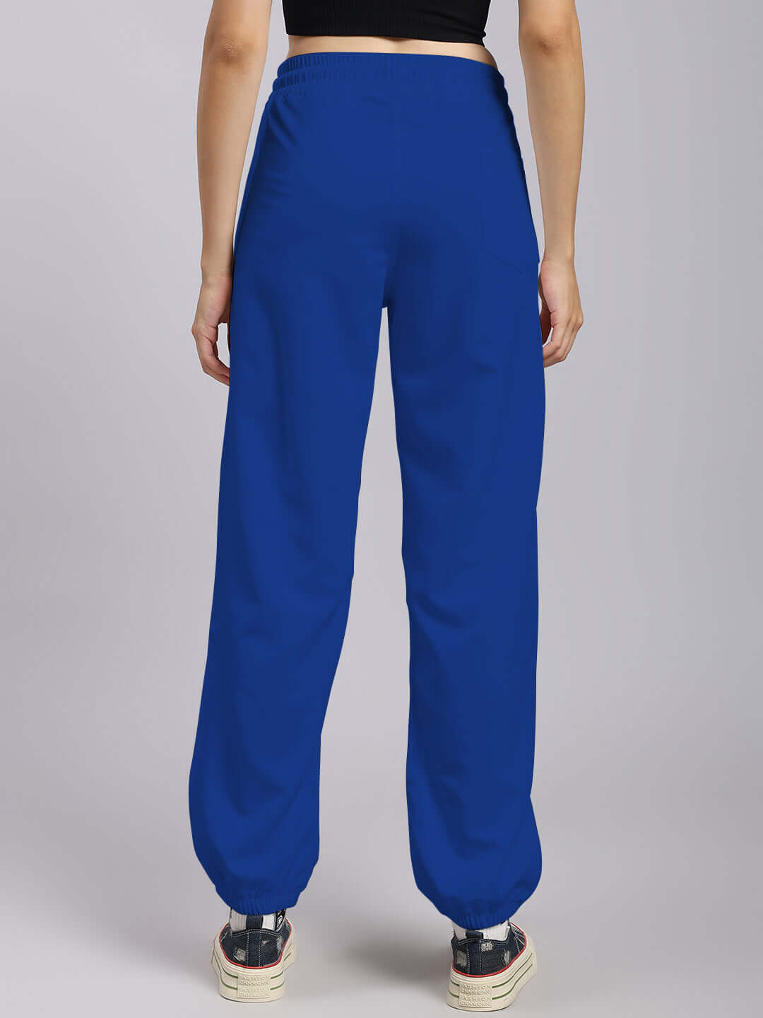 Back view of women's Tokyo relaxed fit blue joggers, showcasing custom fit option.