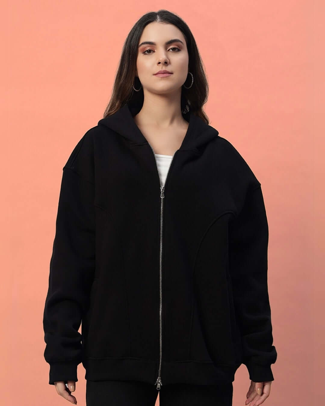 WOMEN TWO FOLD ZIPPER HOODIE BLACK - WOMEN'S HOODIE