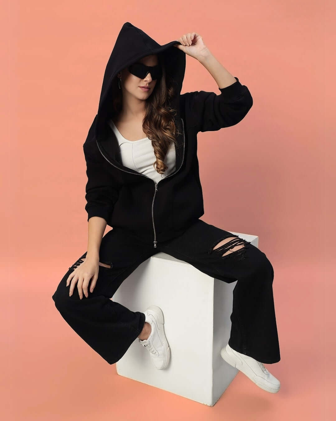 WOMEN TWO FOLD ZIPPER HOODIE BLACK - WOMEN'S HOODIE