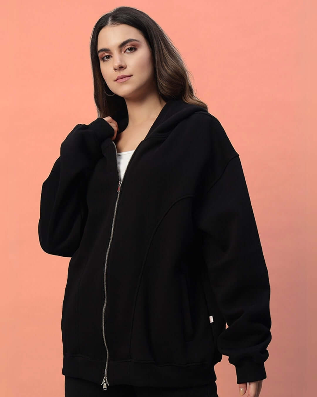 WOMEN TWO FOLD ZIPPER HOODIE BLACK - WOMEN'S HOODIE