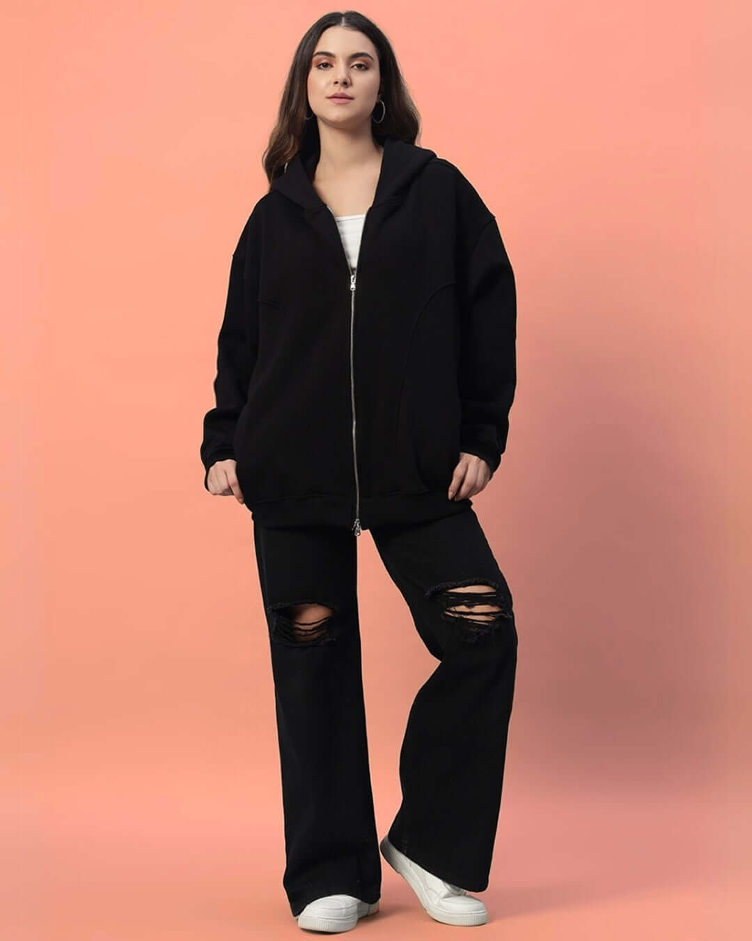 WOMEN TWO FOLD ZIPPER HOODIE BLACK - WOMEN'S HOODIE