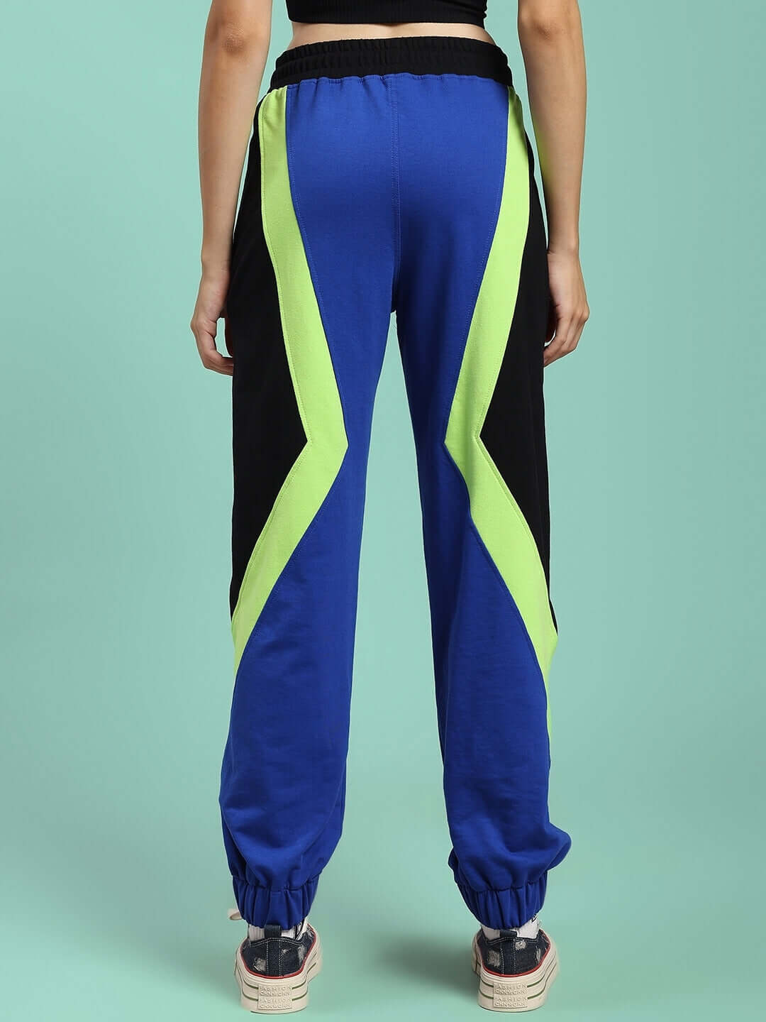 Rear view of WOMENS ULTRA COLORBLOCK RELAXED-FIT JOGGERS BLUE-BLACK with striking colorblock design