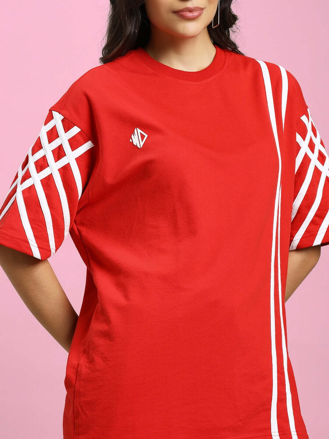 WOMENS UNITED STRIPE CO-ORD SET RED oversized t-shirt with stripe detailing, sporty design in bold red shade.