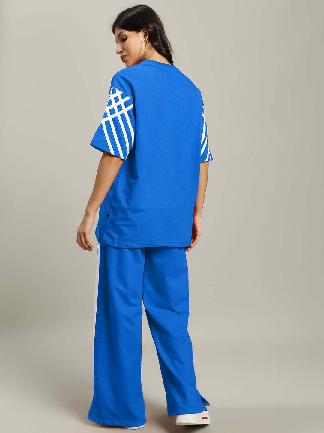 Women's blue stripe co-ord set in premium cotton fabric, featuring stylish short sleeves. Ideal for casual wear.