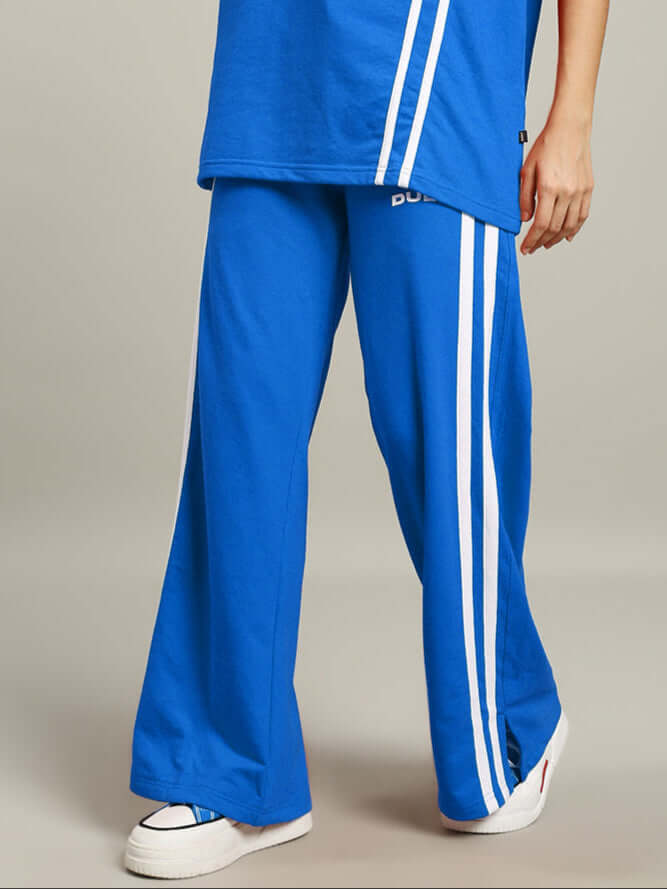 Women's blue stripe joggers made by DUDS, featuring a comfortable fit and stylish design, ideal for custom size options.