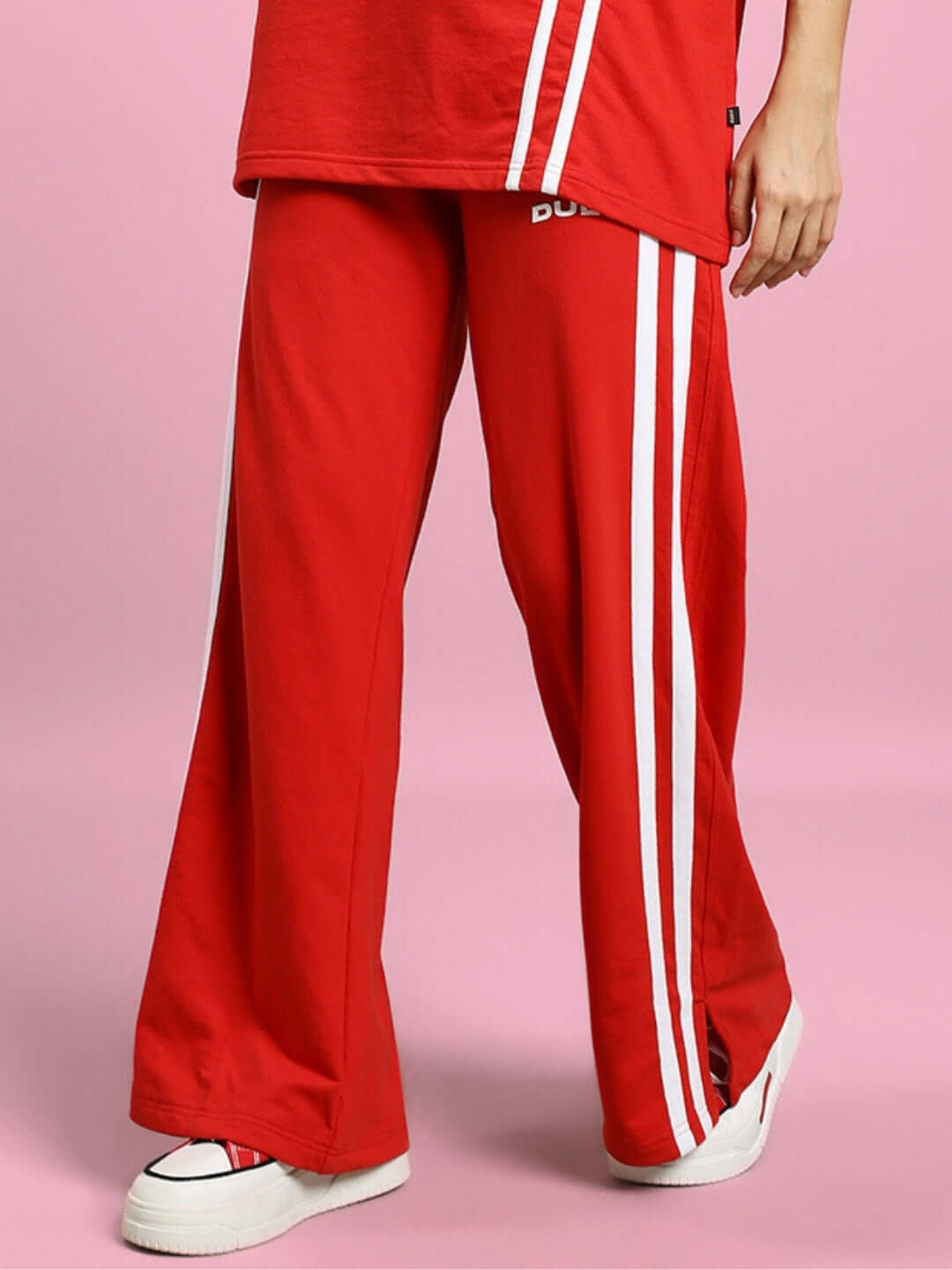 Women's United Stripe Joggers in red, made to order by experienced tailors at DUDS. Custom Fit available; 7-10 days dispatch.