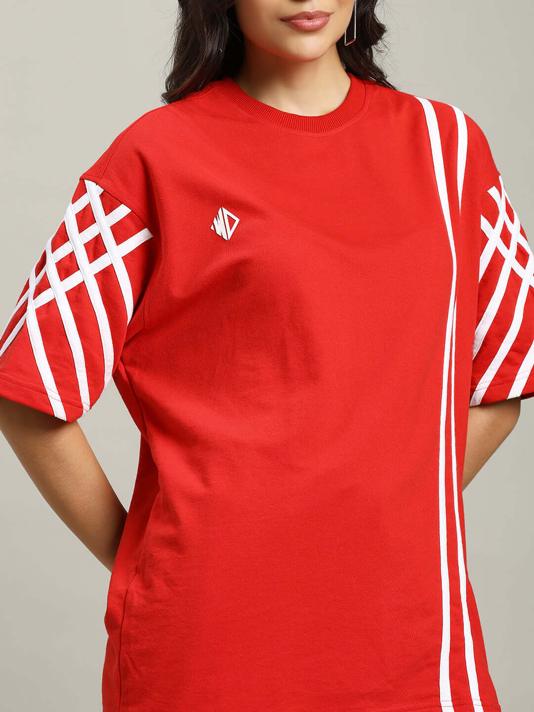 Red women's stripe oversized t-shirt made from premium cotton blend with bio-wash finish, featuring United stripe design, by Color By Colours.
