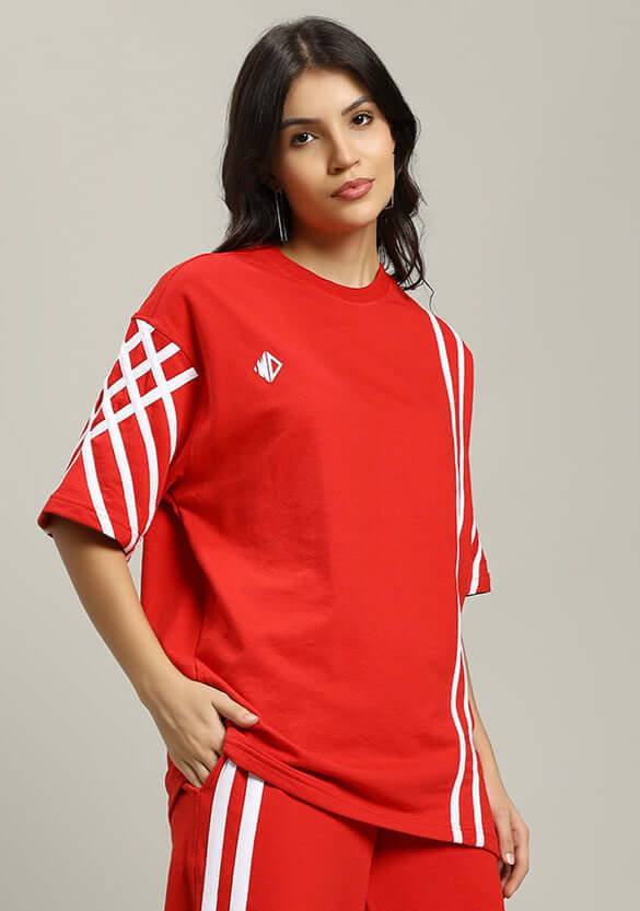 Red women's oversized stripe T-shirt made from premium heavy gauge fabric, featuring 97% cotton and 3% elastane, ideal for casual wear.