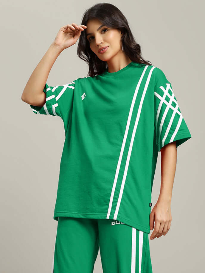 Green oversized t-shirt with white stripes, women's fashion, premium cotton French terry, breathable and stylish design.
